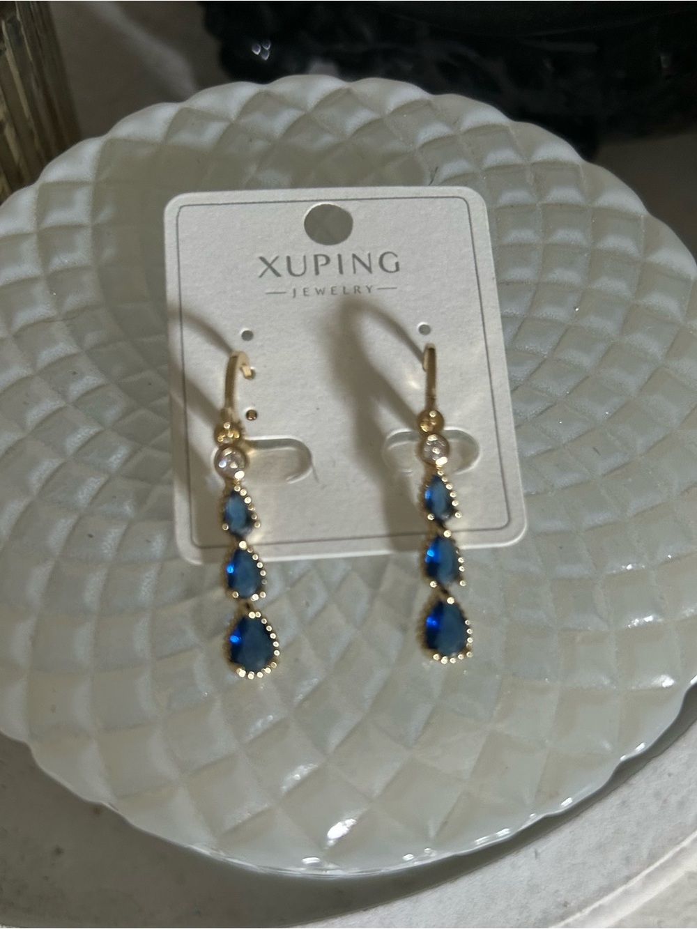 New Gold Plated Blue Teardrop Drop Earrings